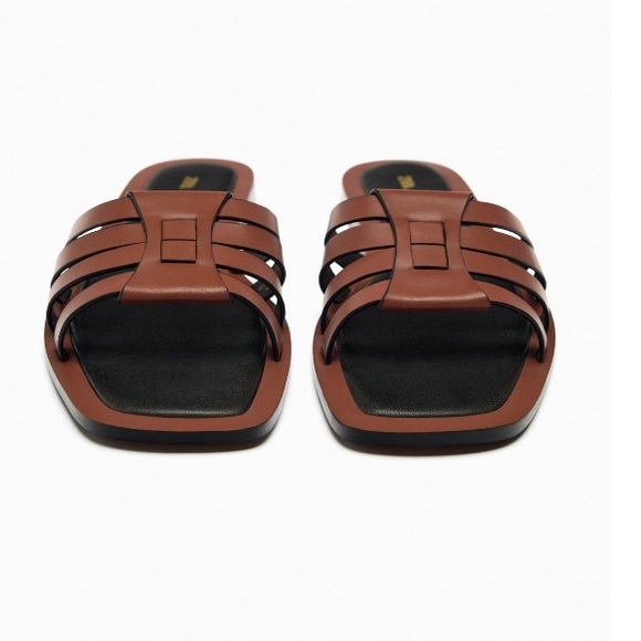 Zara Square Toe Crossed Straps Flat Leather Fisherman Sandals Sz:7.5 Brown - Picture 6 of 10